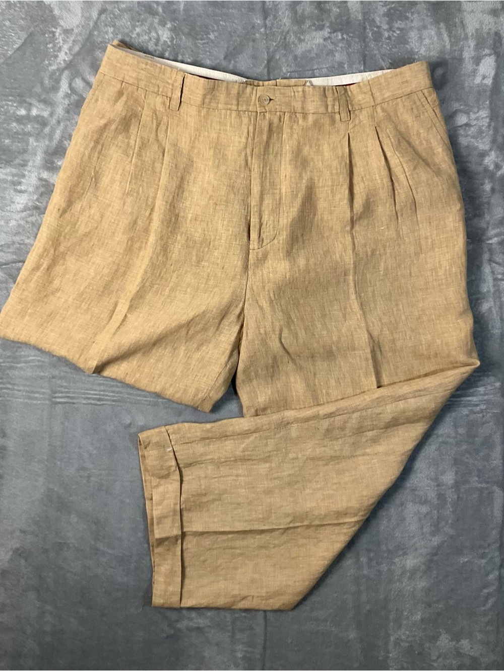 VTG Prestige Linen Pants Men’s 44 Tan Pleated Cuffed Preppy 25” Inseam Summer